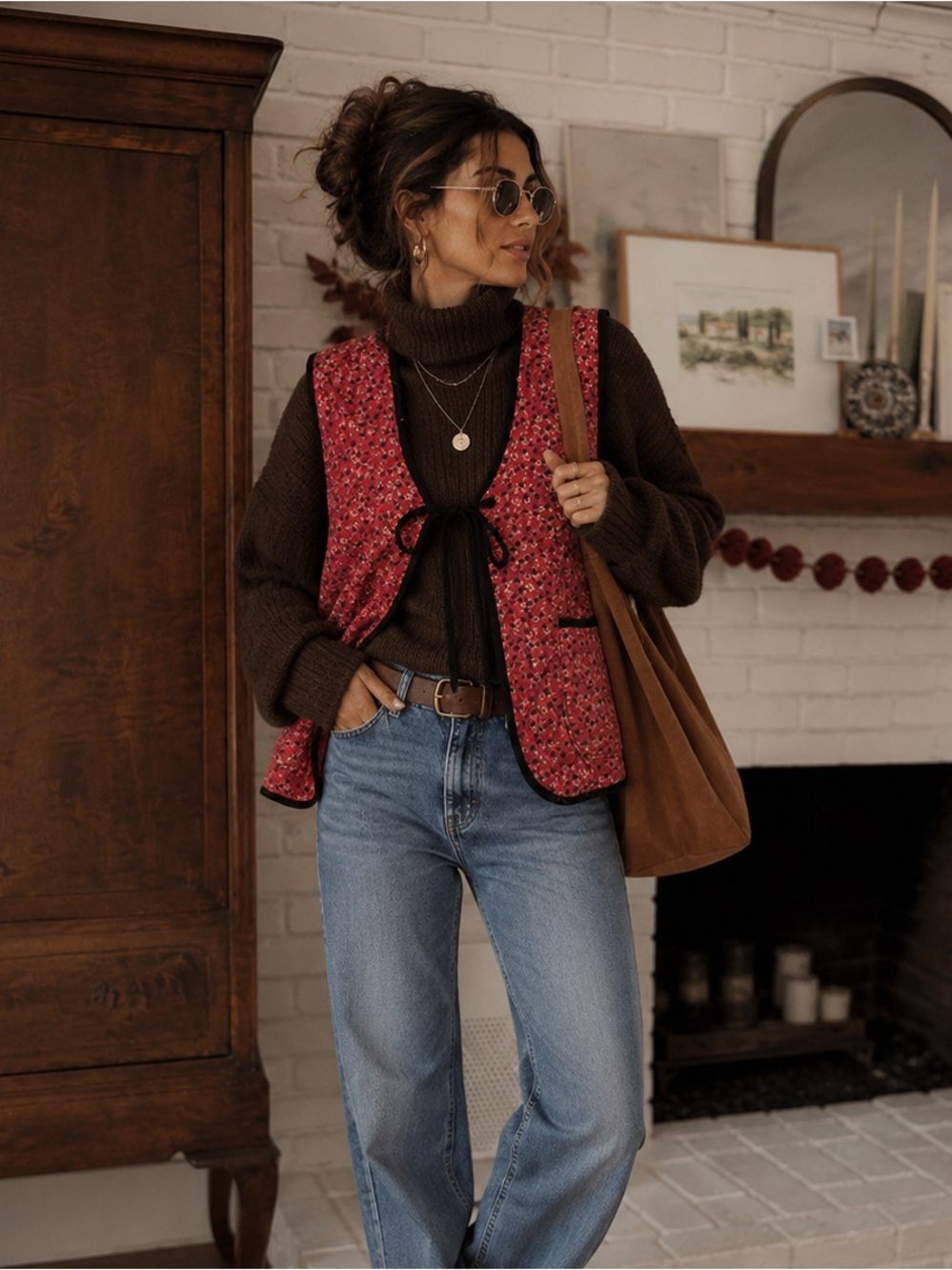 Free People Red Floral Quilted Vest with Black Trim and Tie